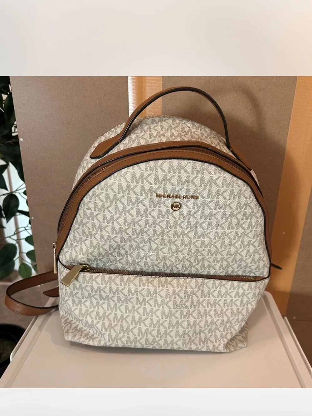 Michael Kors Cream MK Logo Backpack with Brown Trim